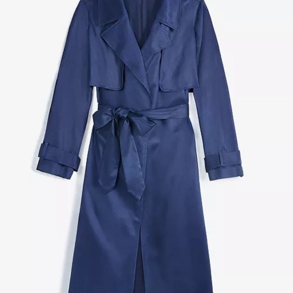 Navy Blue Trench Coat with Belted Waist and Long Silhouette - Picture 5 of 11